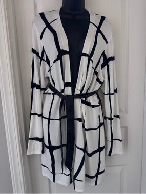 NWT CHICO’S White and Black Grid Print Belted Cardigan SZ 3